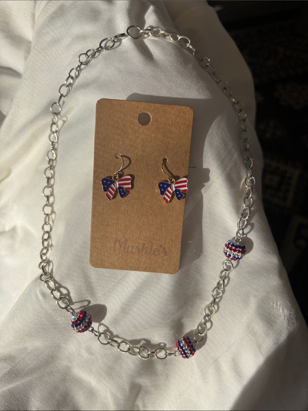 Silver Chain Necklace with Red, White & Blue Bead Accents SET